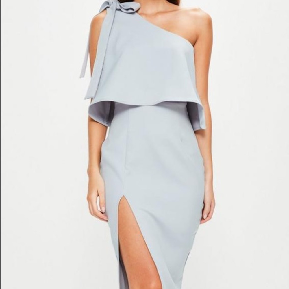 grey crepe one shoulder bow sleeve midi dress